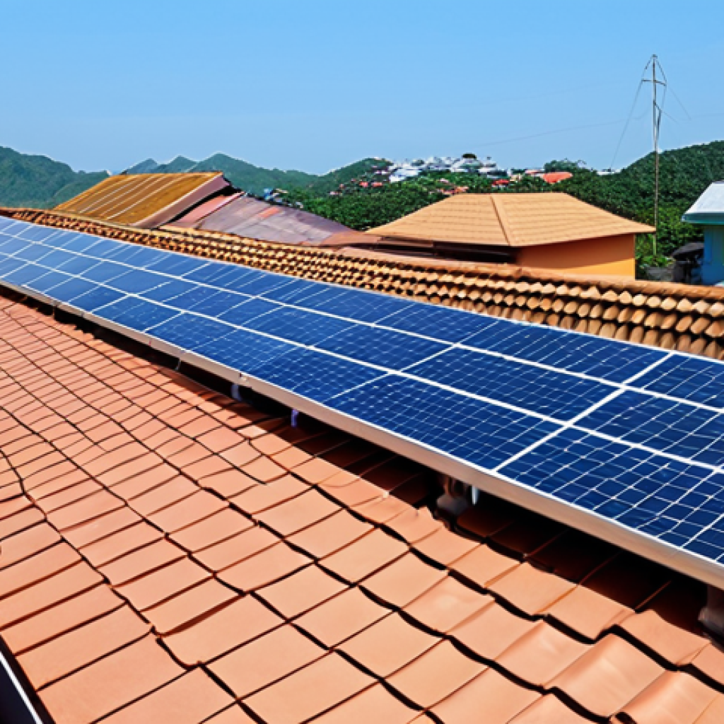**Solar Panels on a Rooftop:** A modern Vietnamese home with solar panels installed on the roof, sunny day, clear blue sky. Emphasis on clean energy.
