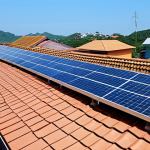 **Solar Panels on a Rooftop:** A modern Vietnamese home with solar panels installed on the roof, sunny day, clear blue sky. Emphasis on clean energy.