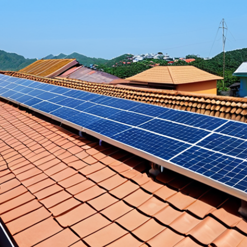 **Solar Panels on a Rooftop:** A modern Vietnamese home with solar panels installed on the roof, sunny day, clear blue sky. Emphasis on clean energy.