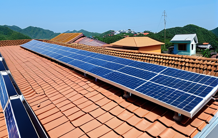 **Solar Panels on a Rooftop:** A modern Vietnamese home with solar panels installed on the roof, sunny day, clear blue sky. Emphasis on clean energy.