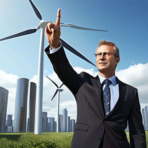 **

A visionary energy leader standing confidently amidst a futuristic cityscape powered by renewable energy sources like wind turbines and solar panels. The leader gestures towards a sustainable energy future, inspiring a team of diverse employees working collaboratively. Include elements representing environmental protection and energy efficiency.

**