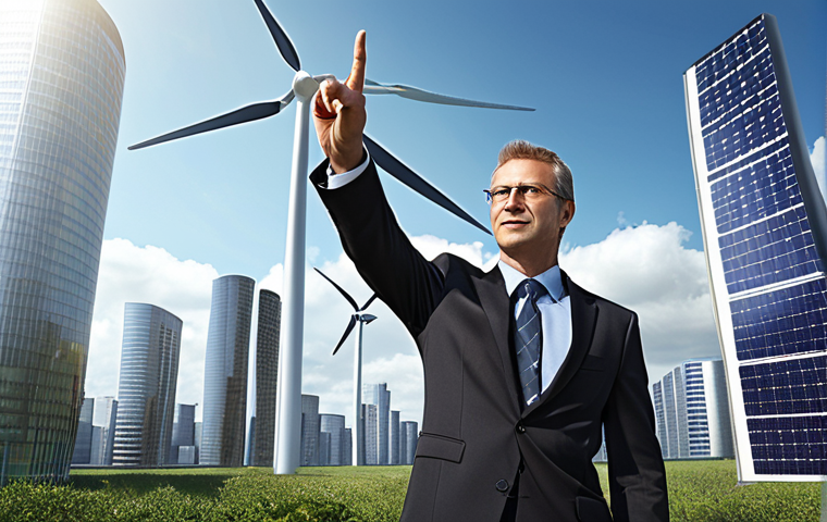 **

A visionary energy leader standing confidently amidst a futuristic cityscape powered by renewable energy sources like wind turbines and solar panels. The leader gestures towards a sustainable energy future, inspiring a team of diverse employees working collaboratively. Include elements representing environmental protection and energy efficiency.

**