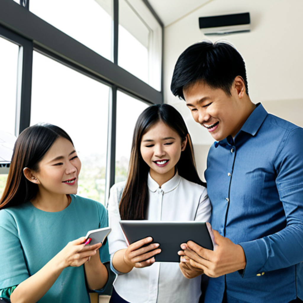 **

"A modern Vietnamese family in their living room, fully clothed, appropriate attire, interacting with a smart home energy management app on a tablet. The app displays real-time energy consumption data. The room is well-lit with energy-efficient LED lighting. Background shows solar panels on the roof visible through the window. Safe for work, professional, modest, perfect anatomy, correct proportions, natural pose, high quality."

**