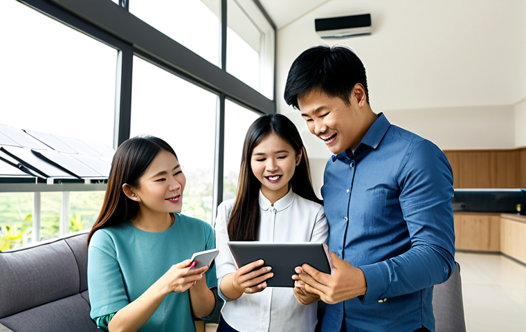 **
"A modern Vietnamese family in their living room, fully clothed, appropriate attire, interacting with a smart home energy management app on a tablet. The app displays real-time energy consumption data. The room is well-lit with energy-efficient LED lighting. Background shows solar panels on the roof visible through the window. Safe for work, professional, modest, perfect anatomy, correct proportions, natural pose, high quality."
**