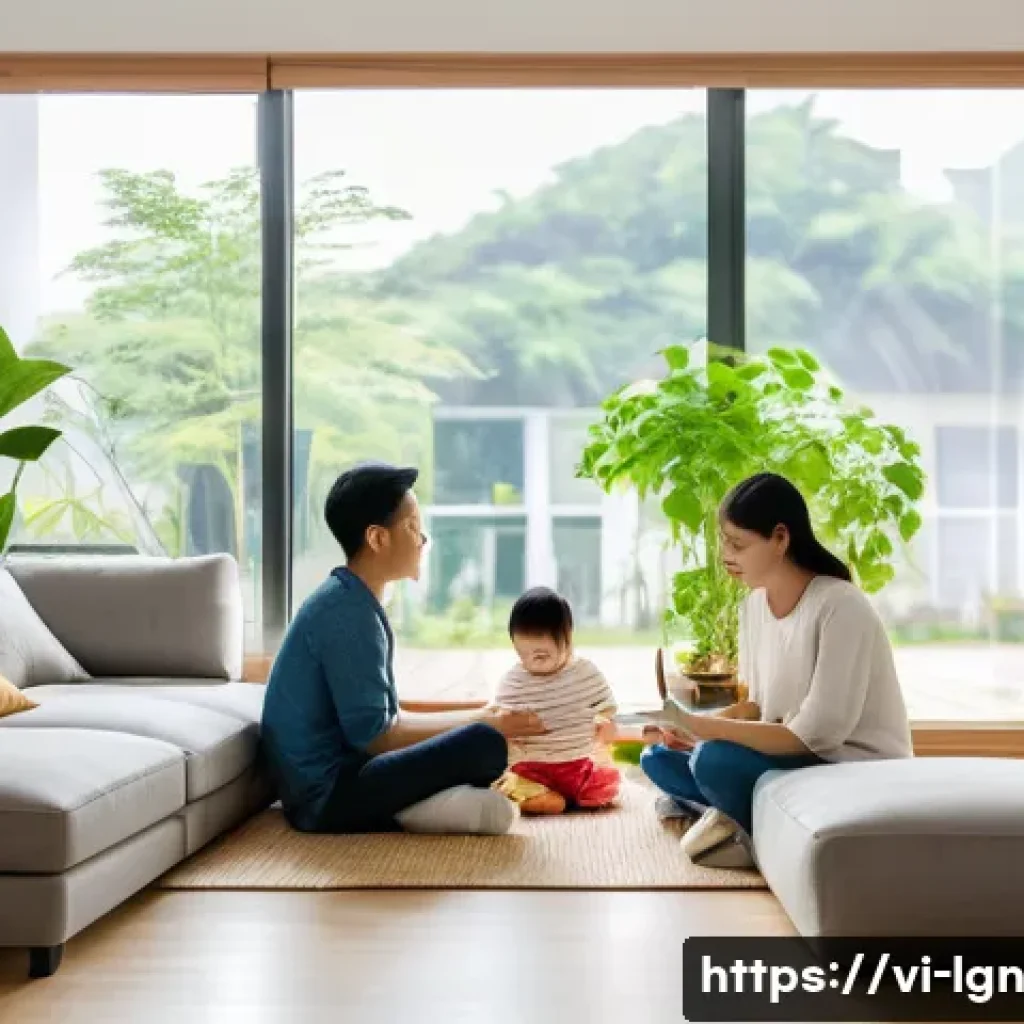 에너지 관리의 사회적 책임 - A modern Vietnamese family in their living room using energy-saving LED lighting and smart home devi...