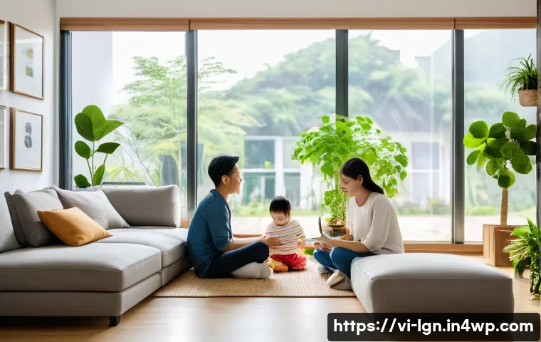 에너지 관리의 사회적 책임 - A modern Vietnamese family in their living room using energy-saving LED lighting and smart home devi...