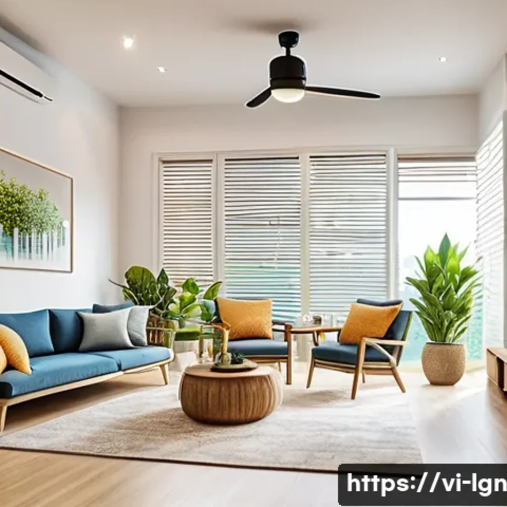 에너지 사용 최적화를 위한 전략 - A modern Vietnamese family living room during daytime, featuring energy-efficient LED ceiling lights...