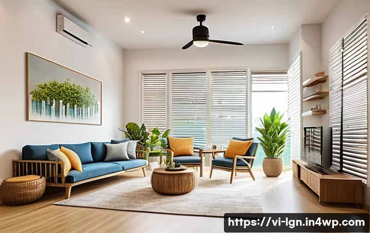 에너지 사용 최적화를 위한 전략 - A modern Vietnamese family living room during daytime, featuring energy-efficient LED ceiling lights...