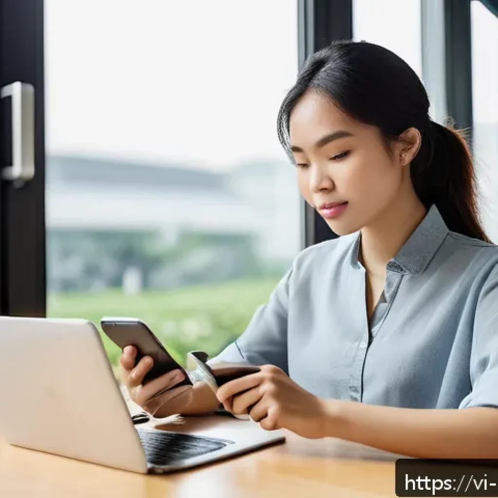 에너지 관리 실무자의 역량 개발 - A young Vietnamese professional woman in casual office attire sitting at a modern desk by a large wi...
