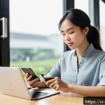 Home 22 에너지 관리 실무자의 역량 개발 - A young Vietnamese professional woman in casual office attire sitting at a modern desk by a large wi...