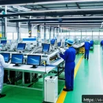 Home 21 에너지 관리 체계의 국제 기준 - A modern Vietnamese manufacturing factory interior showing energy-efficient LED lighting and advance...