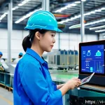 Home 20 에너지 관리 실무자의 역할과 책임 - A modern Vietnamese factory interior showing an energy management specialist inspecting industrial m...