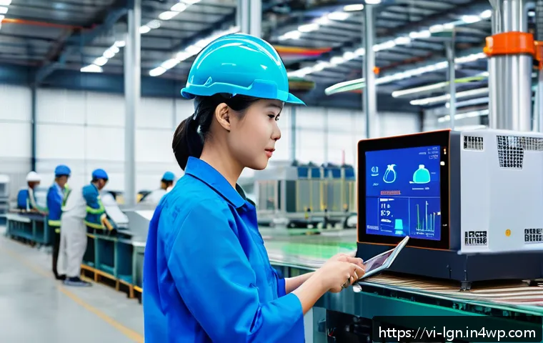 에너지 관리 실무자의 역할과 책임 - A modern Vietnamese factory interior showing an energy management specialist inspecting industrial m...