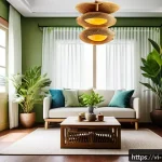 Home 19 가정에서의 에너지 절약 팁 - A cozy Vietnamese family living room during a sunny day, with large windows letting in abundant natu...