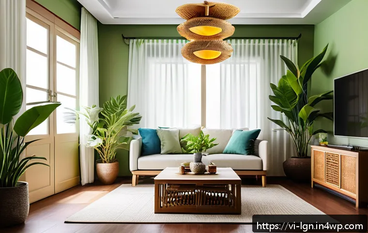 가정에서의 에너지 절약 팁 - A cozy Vietnamese family living room during a sunny day, with large windows letting in abundant natu...