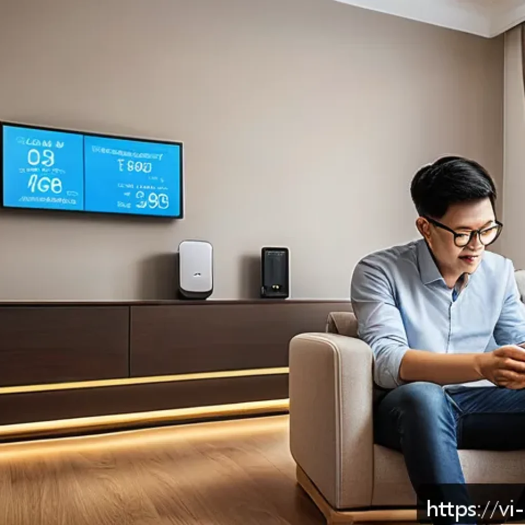 가정용 에너지 관리 시스템 설치 가이드 - A modern Vietnamese family living room scene showcasing a smart energy management system in use: a s...