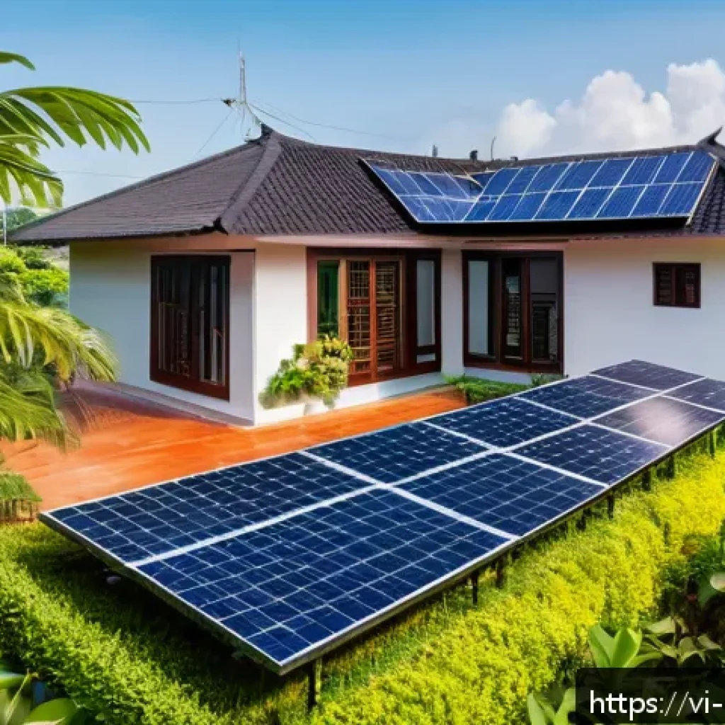 신재생 에너지와 에너지 관리의 연계 - A modern Vietnamese family home rooftop with an advanced solar panel system installed, surrounded by...