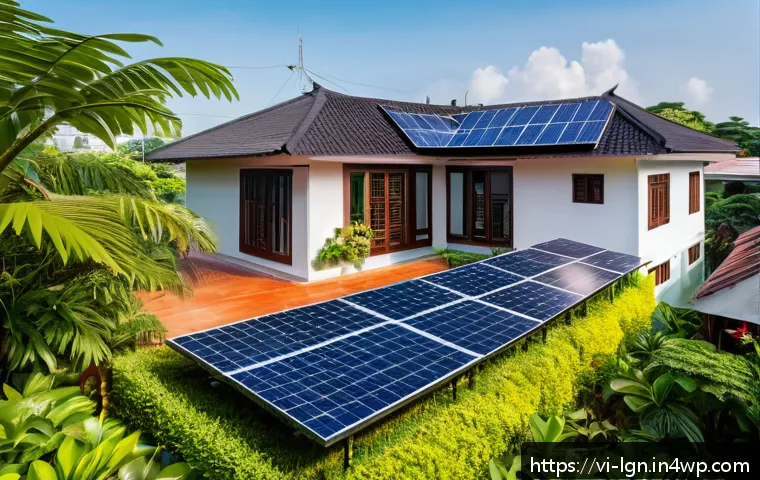 신재생 에너지와 에너지 관리의 연계 - A modern Vietnamese family home rooftop with an advanced solar panel system installed, surrounded by...